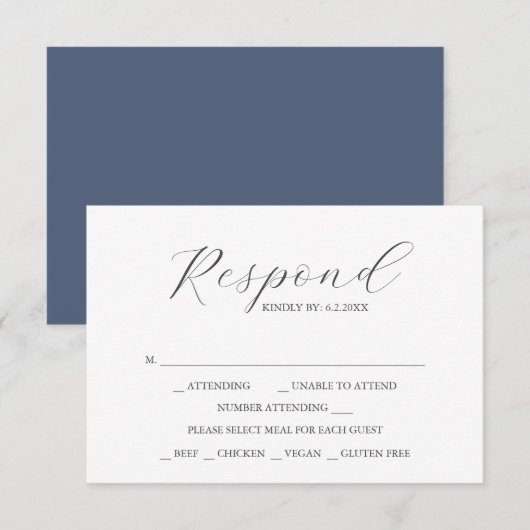 Custom Wedding RSVP Cards Navy Blue Kaartje (Voorkant / Achterkant)