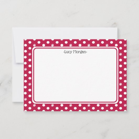 Custom Whimsical Paw Print Polka Dot Red Note Kaart (Voorkant)