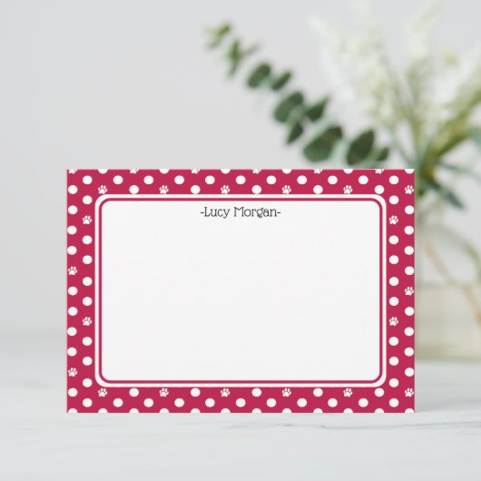 Custom Whimsical Paw Print Polka Dot Red Note Kaart (Staand voorkant)