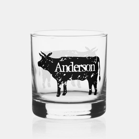 Custom whiskey drink glas met koe silhouet (Voorkant)