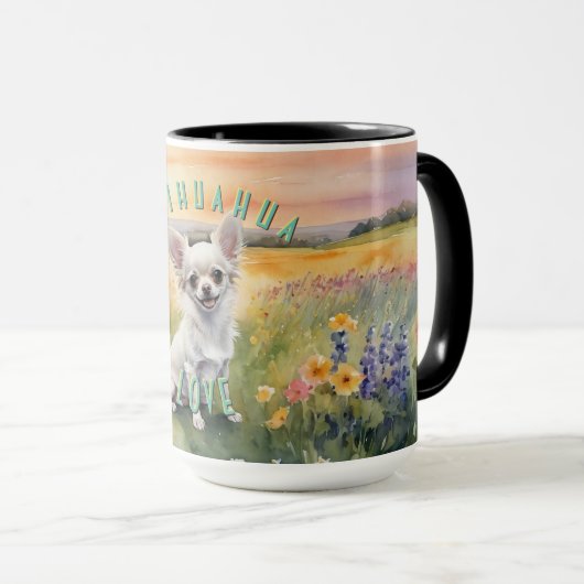 Custom White Chihuahua Sunrise, Miniatuur Liefde Koffiemok (Voorkant rechts)