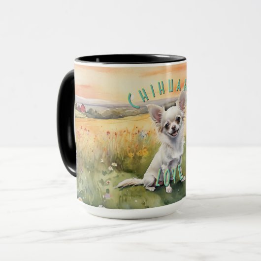 Custom White Chihuahua Sunrise, Miniatuur Liefde Koffiemok (Voorkant links)