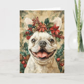 Custom White French Bulldog Christmas Floral Crown Feestdagen Kaart (Voorkant)