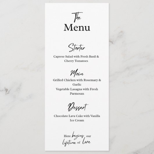 Custom White Menu Card . Wedding, Party, or Dinner (Voorkant)