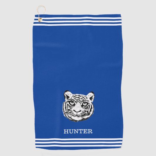 Custom White Tiger en Three Stripes op Royal Blue Golfhanddoek (Voorkant)