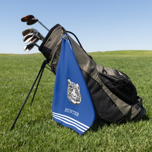 Custom White Tiger en Three Stripes op Royal Blue Golfhanddoek (Groen)