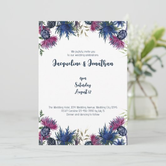 Custom Wildflower distels marine blauw bruiloft Kaart (Staand voorkant)