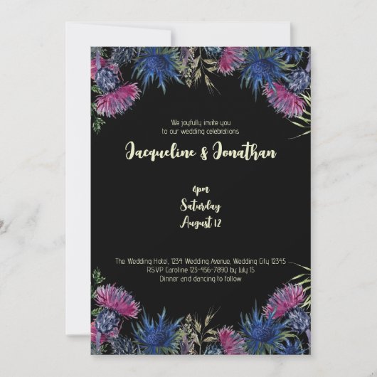 Custom Wildflower Schotse distels zwart bruiloft Kaart (Voorkant)