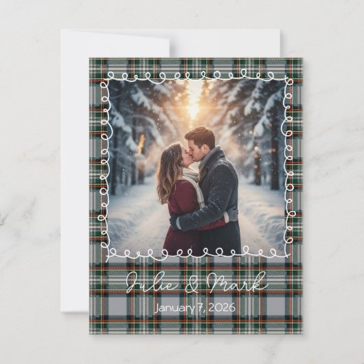 Custom Winter Engagement Photo Card with Tartan  Feestdagenkaart (Voorkant)