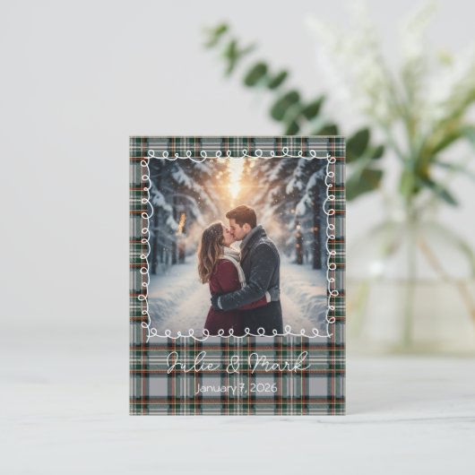 Custom Winter Engagement Photo Card with Tartan  Feestdagenkaart (Staand voorkant)