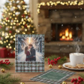 Custom Winter Engagement Photo Card with Tartan  Feestdagenkaart