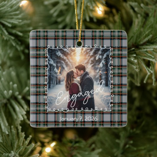 Custom Winter Engagement Photo Card with Tartan  Keramisch Ornament (Boom)