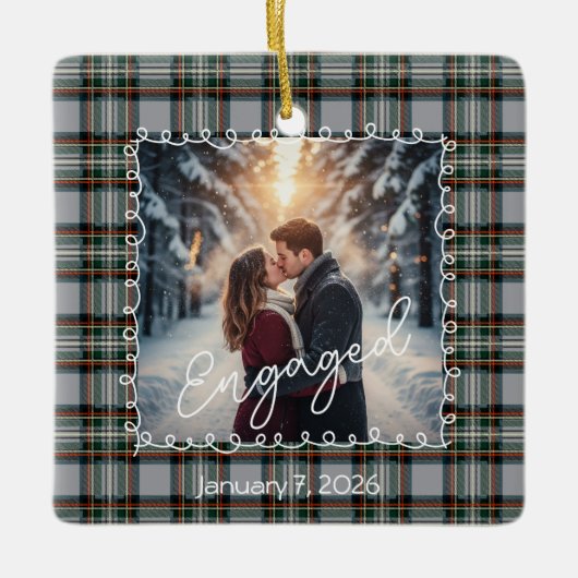 Custom Winter Engagement Photo Card with Tartan  Keramisch Ornament (Voorkant)