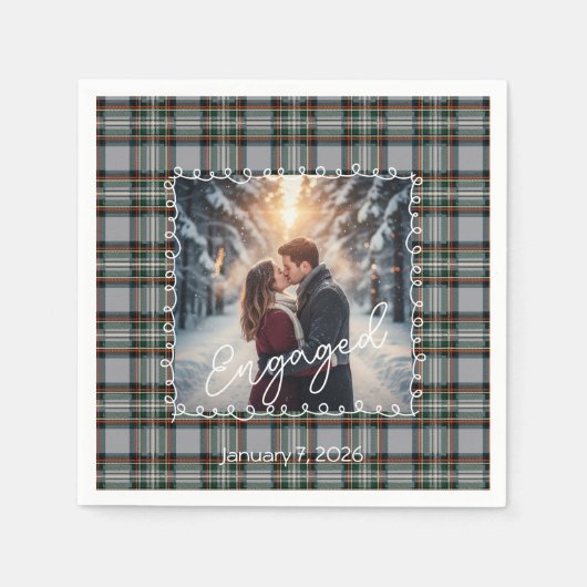Custom Winter Engagement Photo Card with Tartan Servet (Voorkant)