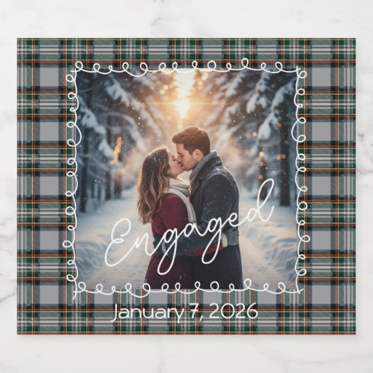 Custom Winter Tartan Engagement Photo Champagne  Sparkling Wijnetiket (Enkel label)
