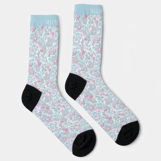Custom Wit Bloemen Blauw Roze Pastel Bloemen Sokken (Rechts)