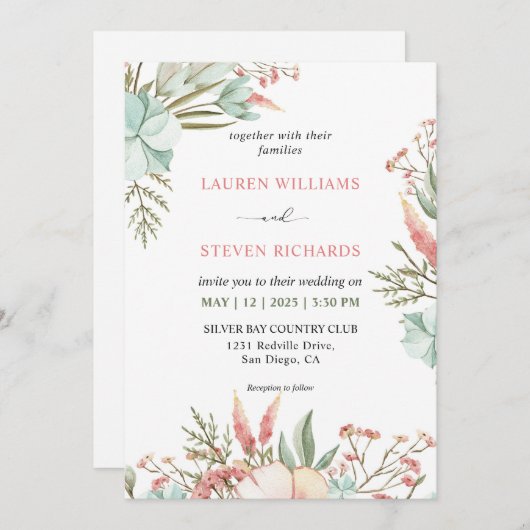 Custom Wit Groen Roze Pastel Boho Wedding Kaart (Voorkant / Achterkant)