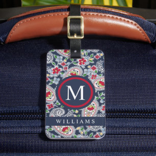 Custom Wit Marine Blauw Rood Paisley Patroon Bagagelabel
