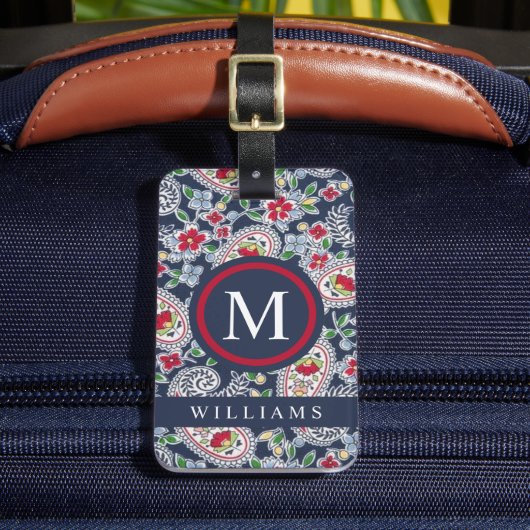 Custom Wit Marine Blauw Rood Paisley Patroon Bagagelabel (Voorkant Insitu 2)