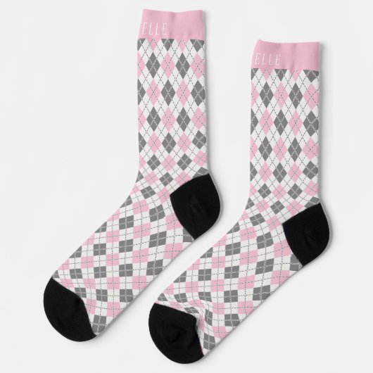 Custom Wit Roze Grijs Geruite Argyle Patroon Sokken (Links)