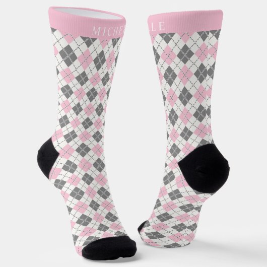 Custom Wit Roze Grijs Geruite Argyle Patroon Sokken (Gebogen)