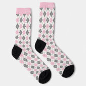 Custom Wit Roze Grijs Geruite Argyle Patroon Sokken (Rechts)