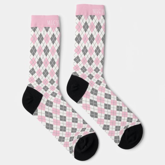 Custom Wit Roze Grijs Geruite Argyle Patroon Sokken (Rechts)