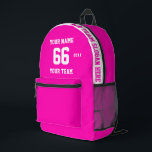 Custom wit roze Naam, Nummer, Team Sport Bedrukte Rugzak<br><div class="desc">Creëer uw eigen aangepaste witte schattige roze Sport Football Stijl Gedrukte Rugzak met Naam, Nummer, Teamnaam, Slogan en Jaar. Personaliseer deze eenvoudige klassieke sjabloon voor gedrukte rugzakken met uw aangepaste bericht, naam, teamnaam en jaar. Personaliseer het gemakkelijk voor een coole sport aandenken. Creëer Uw unieke gepersonaliseerde cadeau voor coach, meisjesverjaardag,...</div>