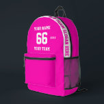 Custom wit roze Naam, Nummer, Team Sport Bedrukte Rugzak<br><div class="desc">Creëer uw eigen aangepaste witte schattige roze Sport Football Stijl Gedrukte Rugzak met Naam, Nummer, Teamnaam, Slogan en Jaar. Personaliseer deze eenvoudige klassieke sjabloon voor gedrukte rugzakken met uw aangepaste bericht, naam, teamnaam en jaar. Personaliseer het gemakkelijk voor een coole sport aandenken. Creëer Uw unieke gepersonaliseerde cadeau voor coach, meisjesverjaardag,...</div>