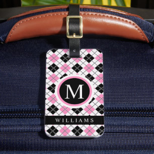 Custom Wit Roze Zwart Geruite Argyle Patroon Bagagelabel