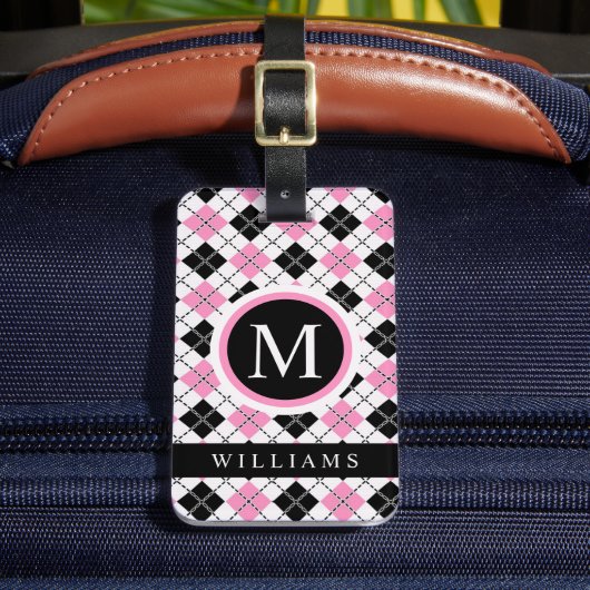 Custom Wit Roze Zwart Geruite Argyle Patroon Bagagelabel (Voorkant Insitu 2)