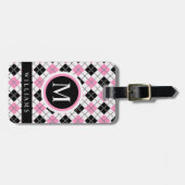 Custom Wit Roze Zwart Geruite Argyle Patroon Bagagelabel (Voorkant horizontaal)