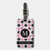 Custom Wit Roze Zwart Geruite Argyle Patroon Bagagelabel (Voorkant verticaal)