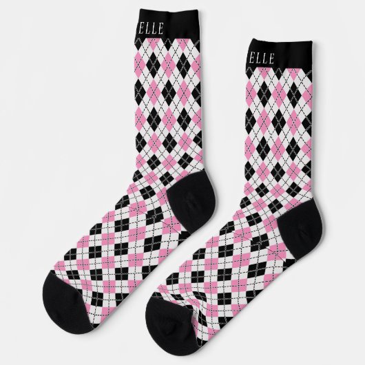 Custom Wit Roze Zwart Geruite Argyle Patroon Sokken (Links)