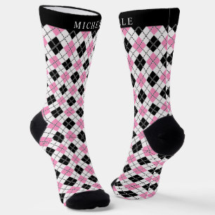 Custom Wit Roze Zwart Geruite Argyle Patroon Sokken