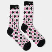 Custom Wit Roze Zwart Geruite Argyle Patroon Sokken (Rechts)