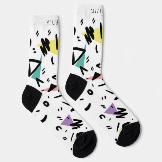Custom Wit Zwart Groen Roze Geel Abstract Sokken (Rechts)