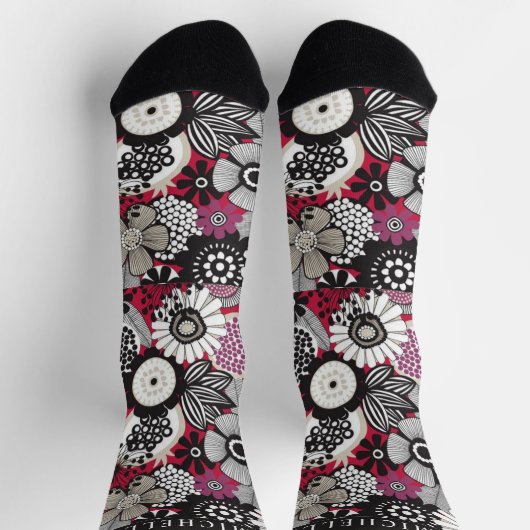 Custom Wit Zwart Rood Bloemen Bloemen Sokken (Top)