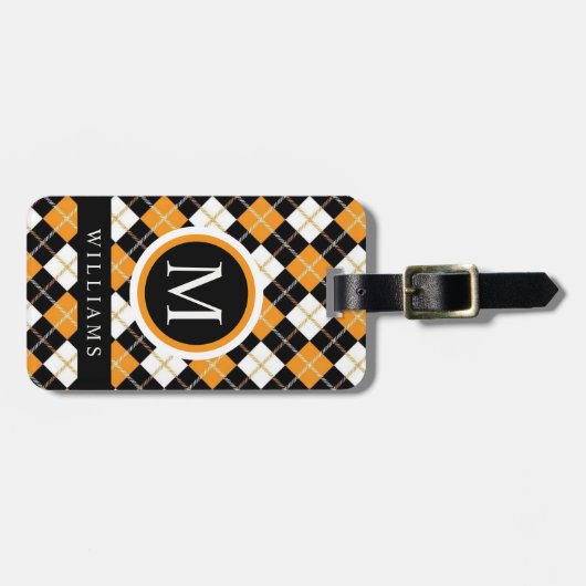 Custom Wit Zwart Sinaasappel Argyle Patroon Bagagelabel (Voorkant horizontaal)