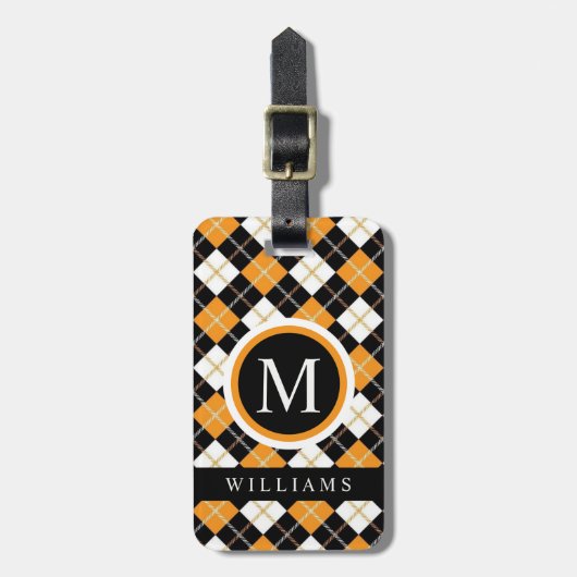 Custom Wit Zwart Sinaasappel Argyle Patroon Bagagelabel (Voorkant verticaal)