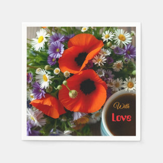 Custom "With Love"  Cup of Coffee & Red Poppies  Servet
