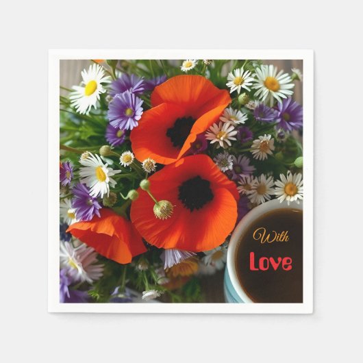 Custom "With Love"  Cup of Coffee & Red Poppies  Servet (Voorkant)