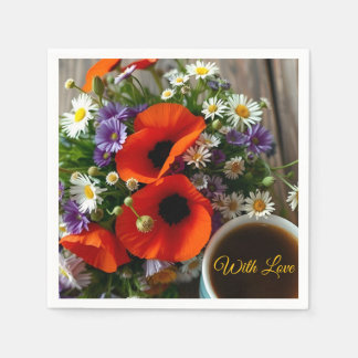 Custom "With Love"  Cup of Coffee & Red Poppies  Servet