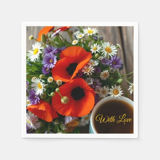Custom "With Love"  Cup of Coffee & Red Poppies  Servet (Voorkant)