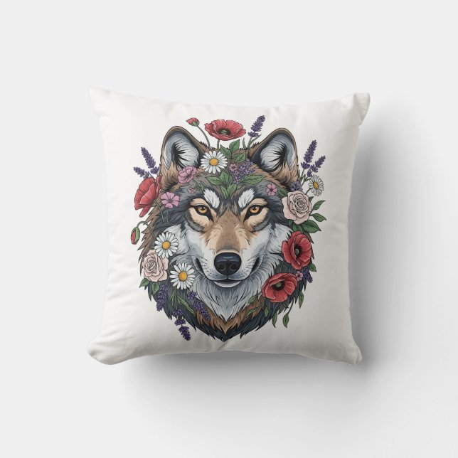Custom Wolf with Floral Crown Throw Pillow Kussen (Voorkant)
