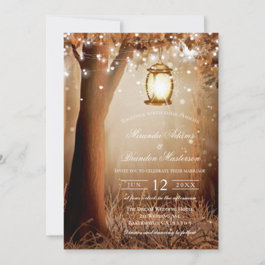 Custom Wood Trees String Lights Rustieke Bruiloft Kaart (Voorkant)