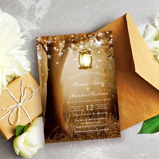 Custom Wood Trees String Lights Rustieke Bruiloft Kaart