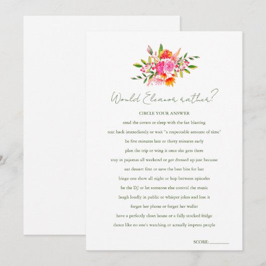 Custom Would She Rather Floral Shower Game Kaart (Voorkant / Achterkant)