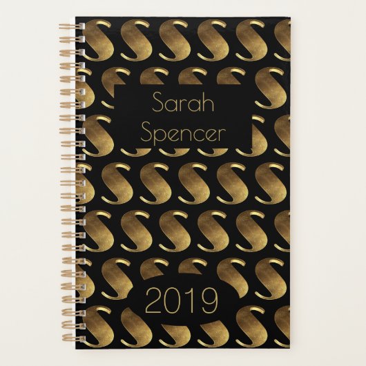 Custom Year 2019 Black Gold Monogram S Elegant Planner (Voorkant)