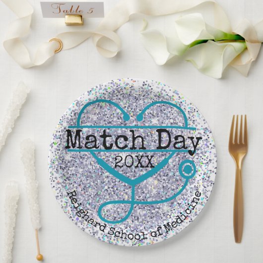 Custom Year Match Day Blue Glitter Stethoscope Papieren Bordje (Huwelijk)